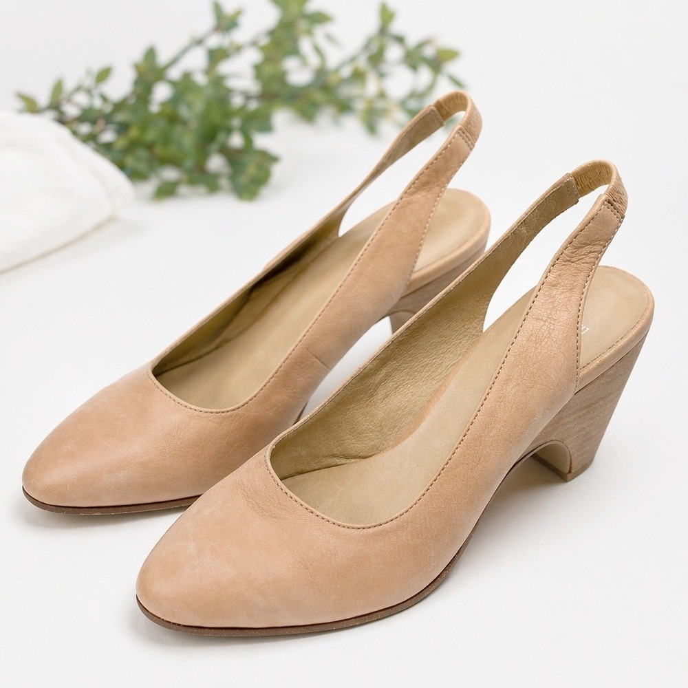 Eileen Fisher Slingback Pumps Womens 7 Tan Leather Stacked Wedge Vero Cuoio